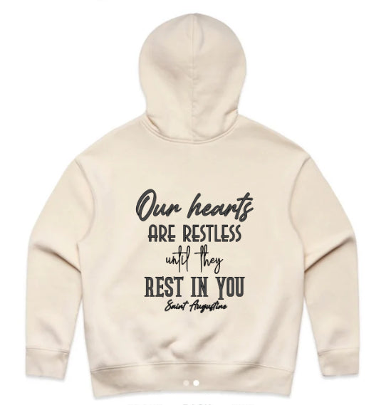 PREMIUM BOX HOOD SAINT AUGUSTINE-OUR HEARTS ARE RESTLESS