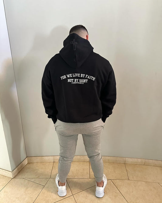 PREMIUM HEAVY MENS WE LIVE BY FAITH NOT BY SIGHT HEAVY HOODIE WITH REFLECTIVE PRINT